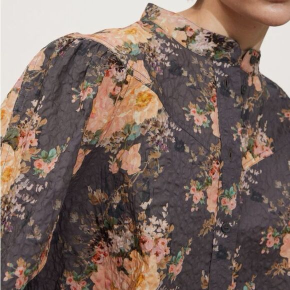 & Other Stories Paris Atelier Cottage Floral Gray & Pink Cotton Blouse Size 8 - Picture 11 of 16